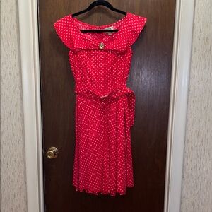 Lindy Bop size S red/white polkadotted, sleeveless, flare dress w/belt